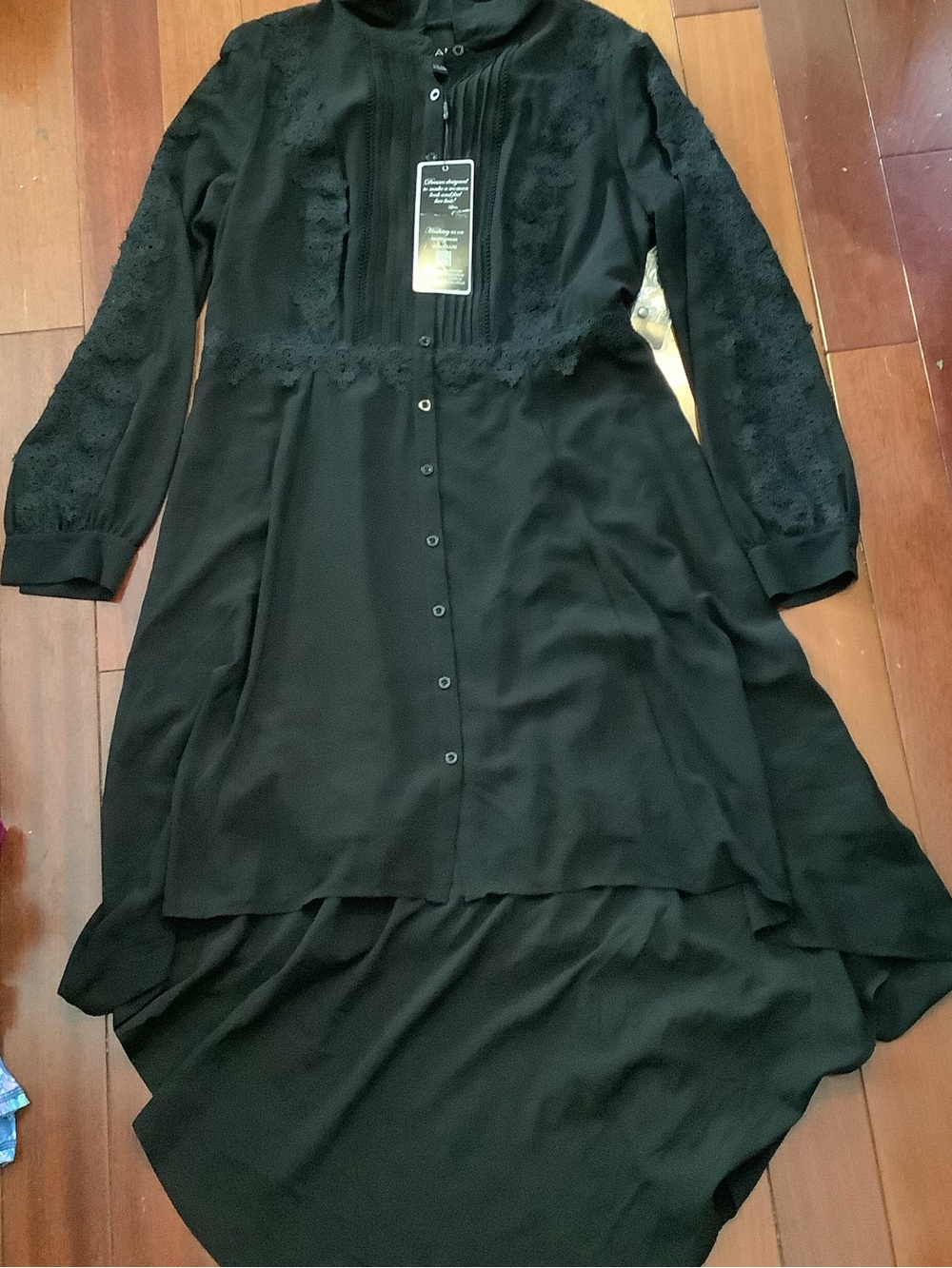 Shani Black Lace-Trim High-Low Button Front Long-Sleeve Dress size 12 NWT